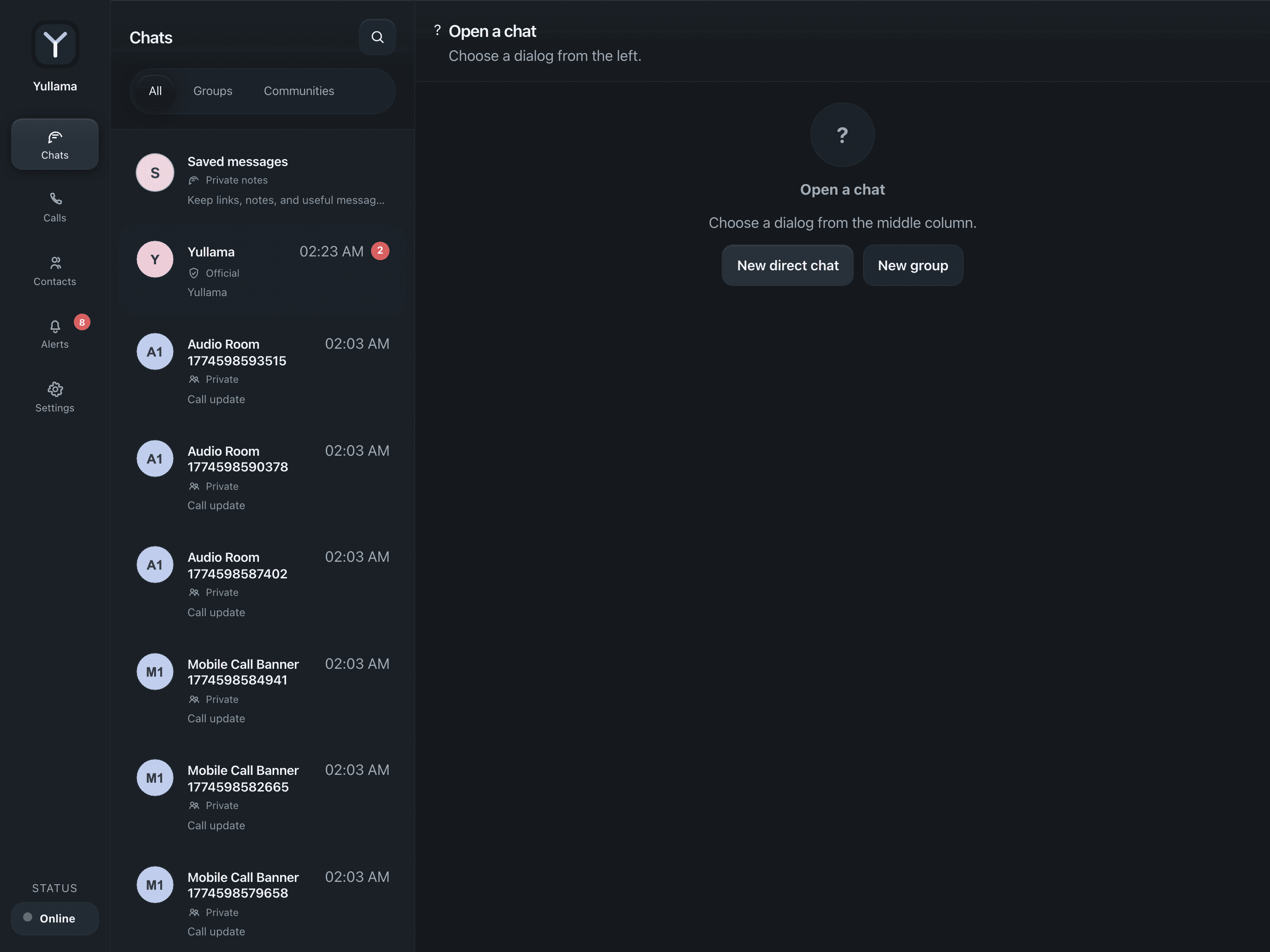 Список чатов Yullama на большом экране
