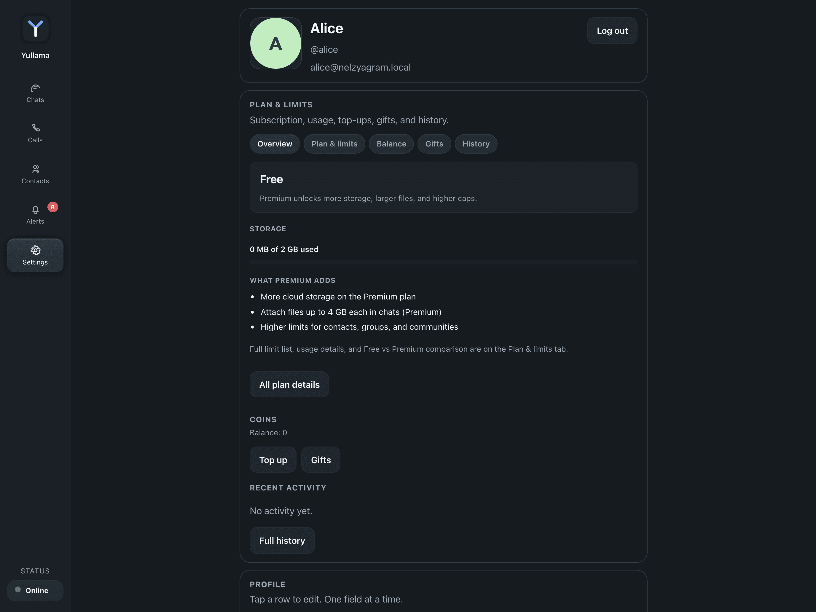 Экран настроек и безопасности Yullama на большом экране