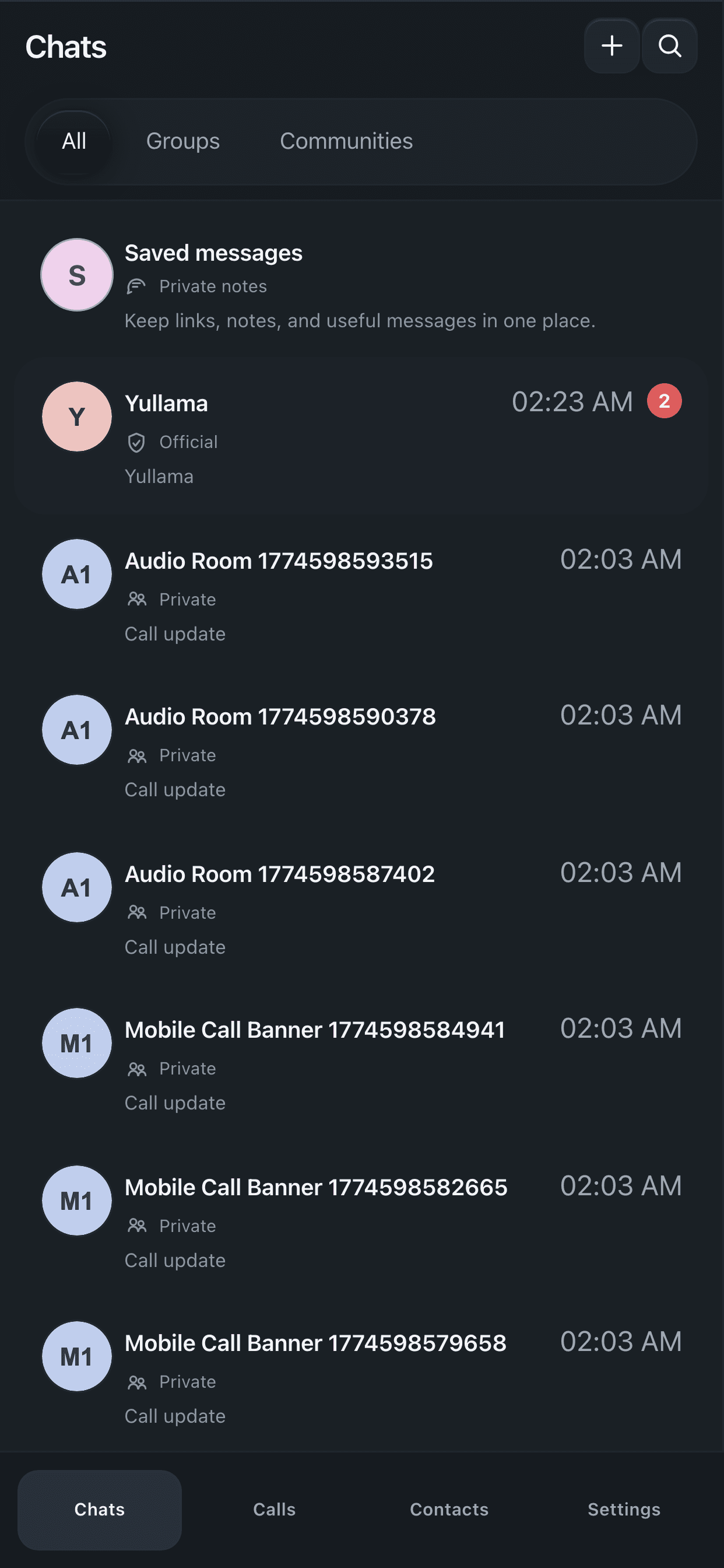 Список чатов Yullama на телефоне