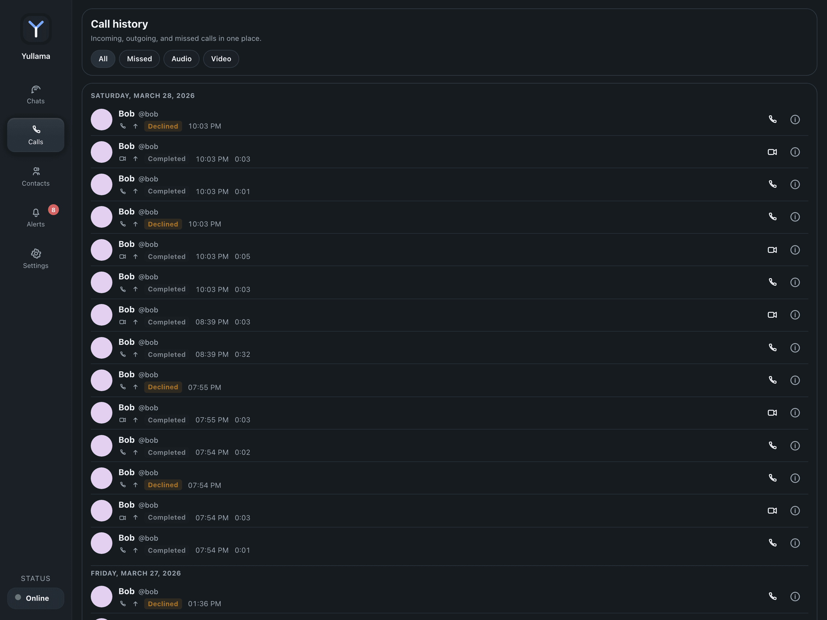 История звонков Yullama на большом экране